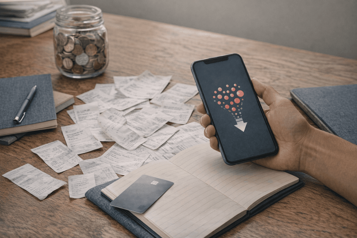 Mesa com vários pequenos recibos, frasco de moedas e celular mostrando um impacto acumulado.