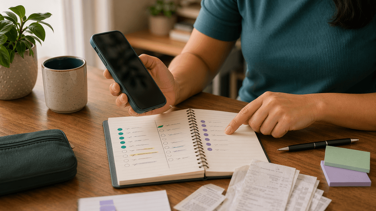 Celular, caderno e itens de escritório em composição premium e confiável para representar escolha de aplicativo financeiro.