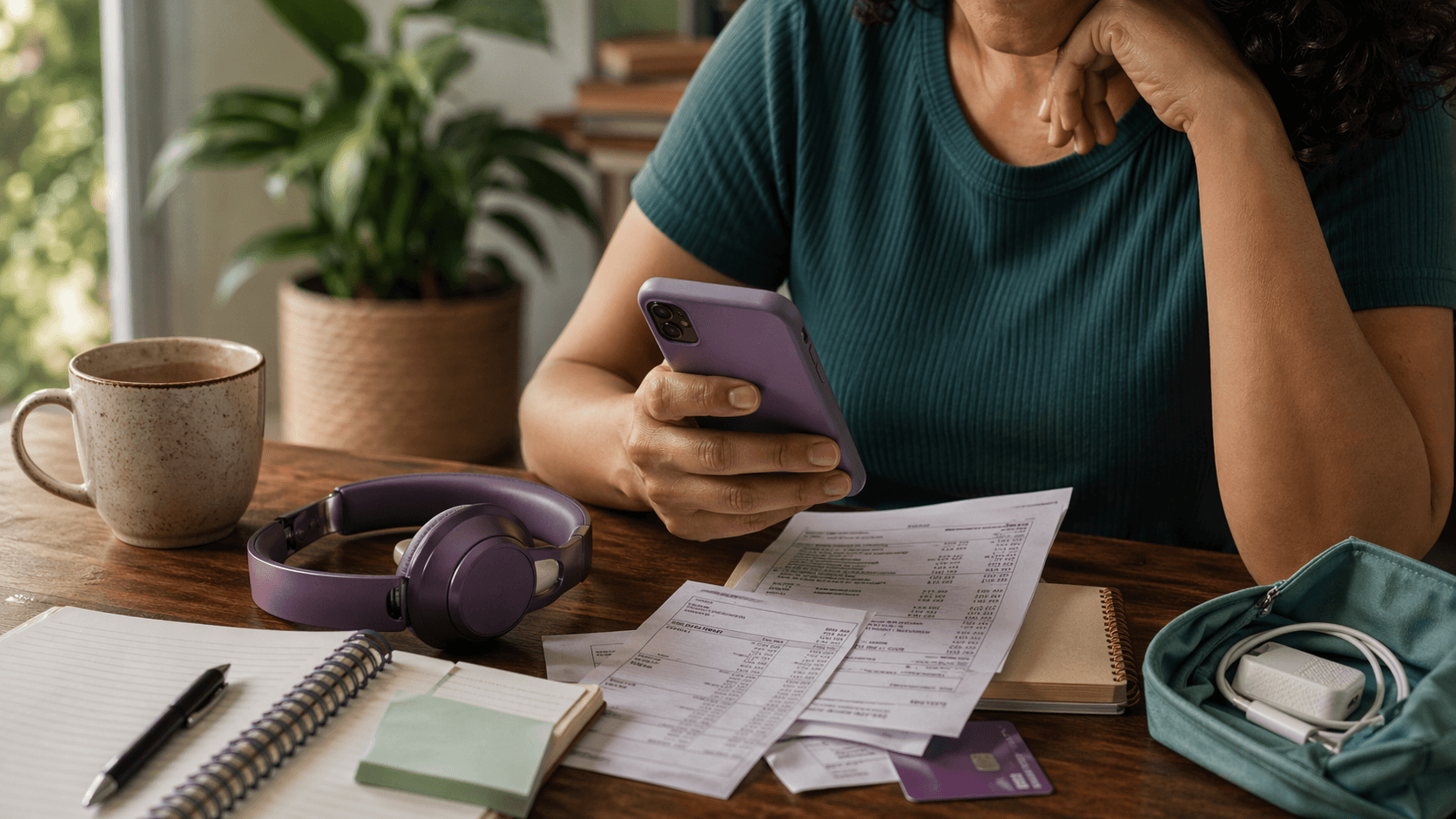 Celular, cartão e recibos organizados de forma editorial para representar cobranças recorrentes e revisão de assinaturas.