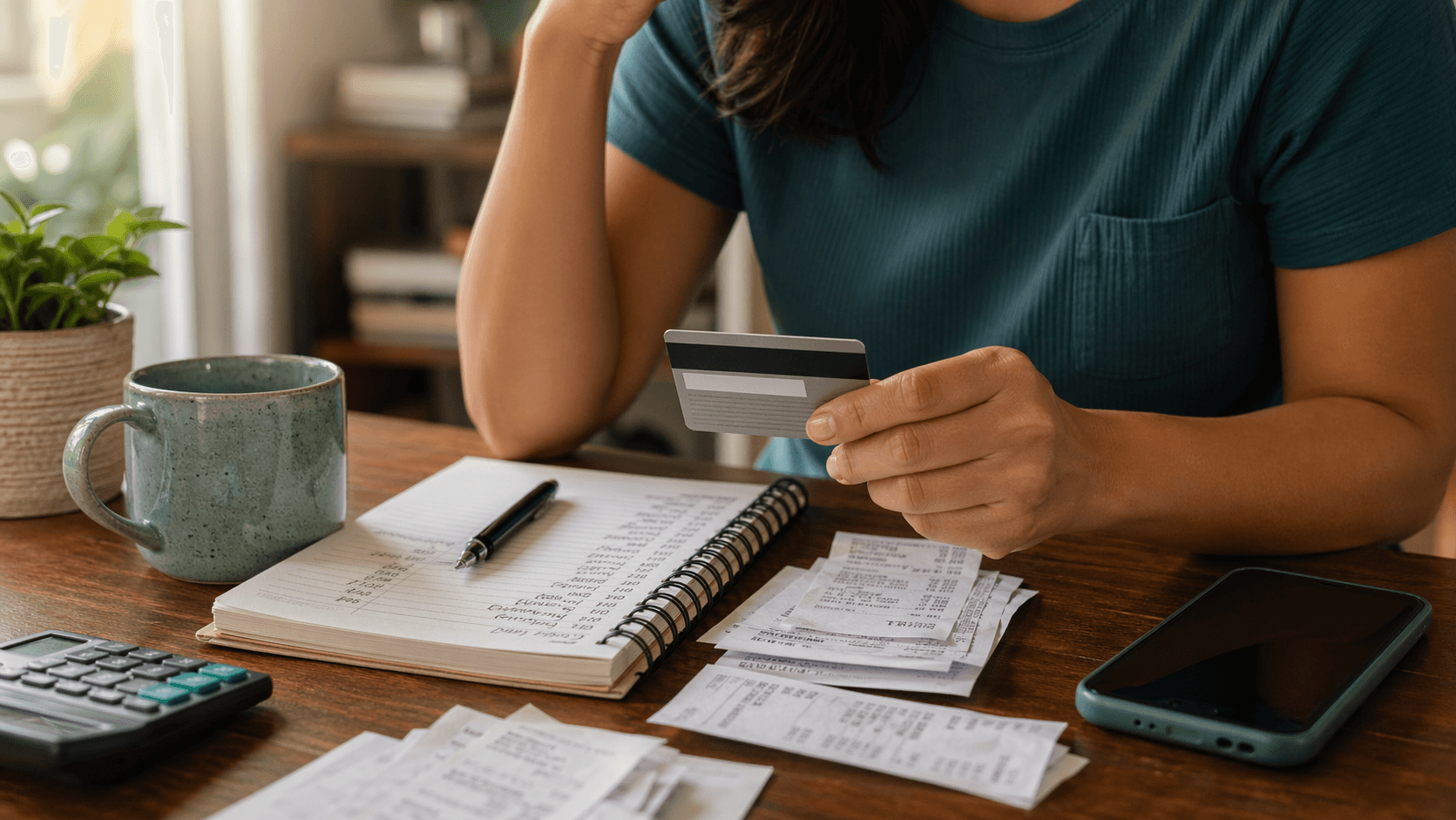 Cartão, celular e comprovantes dispostos sobre uma mesa clara para representar controle de fatura.