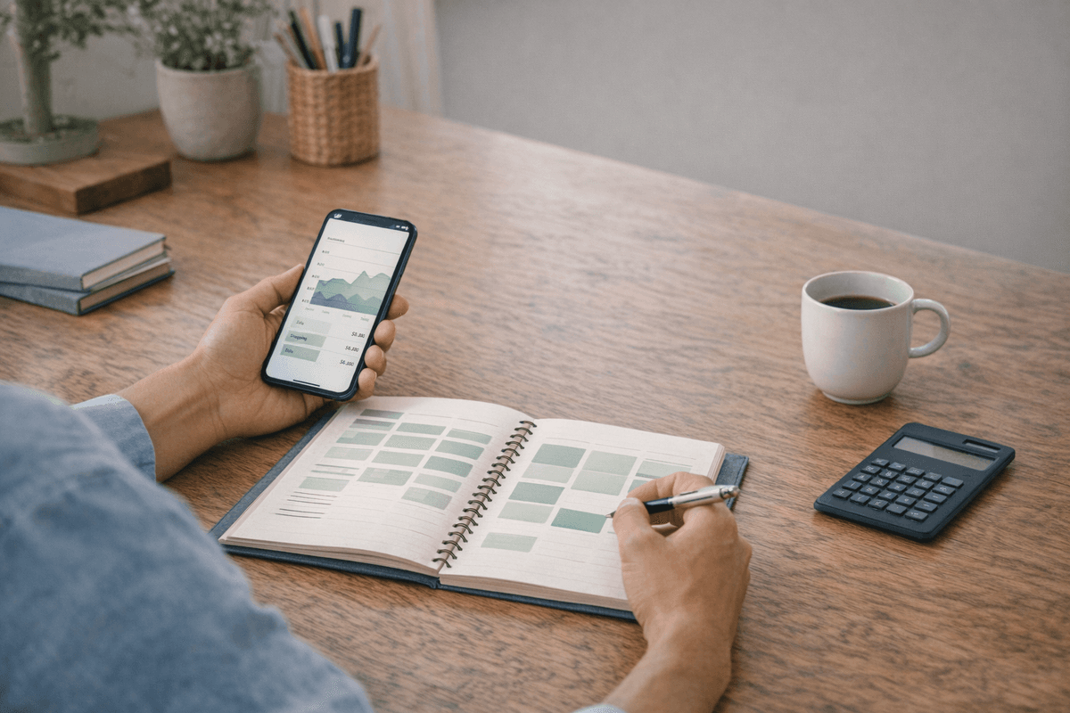 Mesa com anotações, recibos e celular, sugerindo criação prática de orçamento mensal.