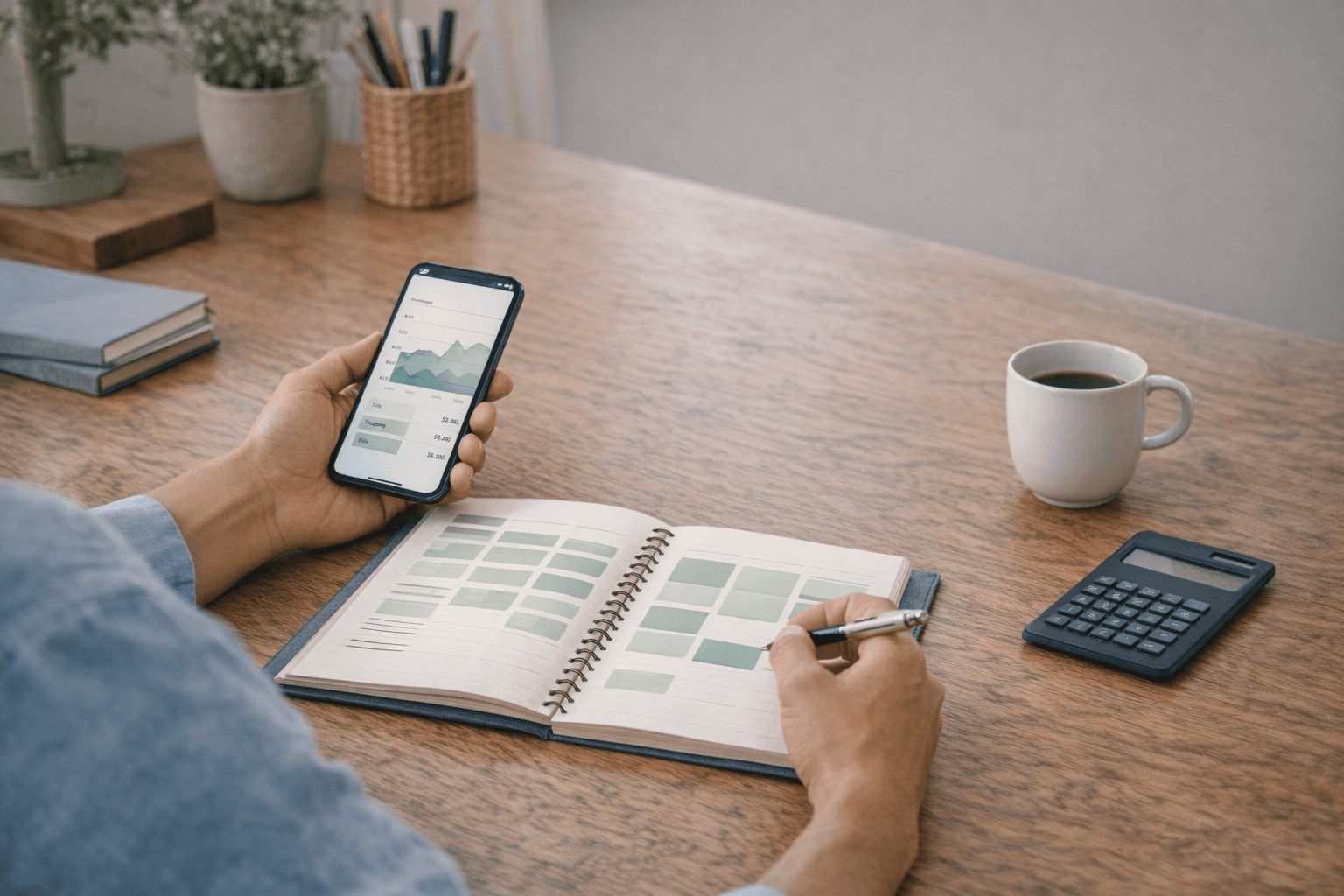 Mesa com anotações, recibos e celular, sugerindo criação prática de orçamento mensal.