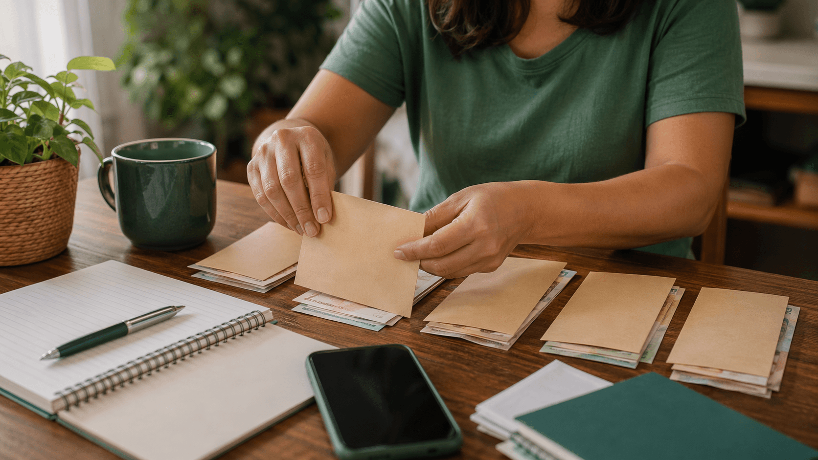 Anotações mensais, recibos e celular sobre uma mesa, sugerindo divisão de renda ao longo das semanas.