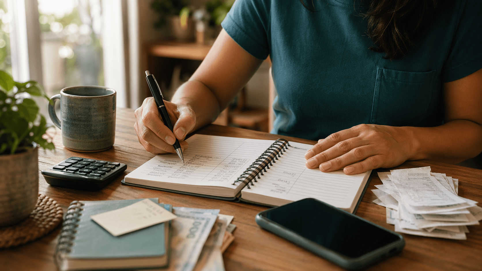 Caderno aberto com anotações de planejamento mensal, recibos e celular em composição acolhedora.