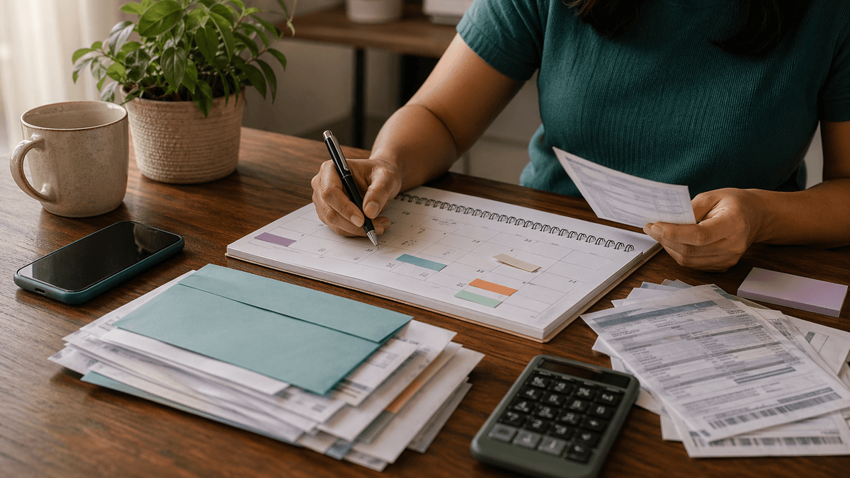 Contas impressas, calendário e celular sobre uma mesa clara para representar vencimentos e organização doméstica.