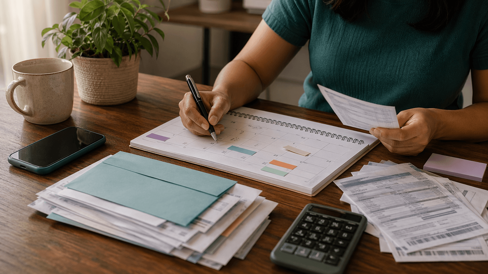 Contas impressas, calendário e celular sobre uma mesa clara para representar vencimentos e organização doméstica.