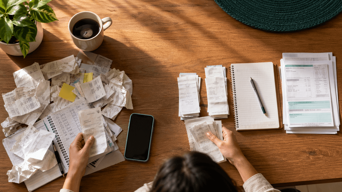 Mesa organizada com caderno, recibos, celular e itens de papelaria em composição editorial clara.