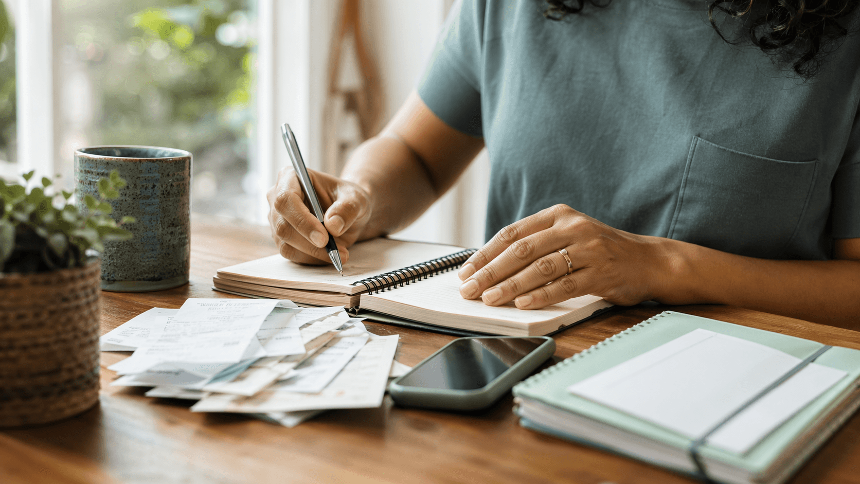 Mesa organizada com caderno, recibos, celular e itens de papelaria em composição editorial clara.