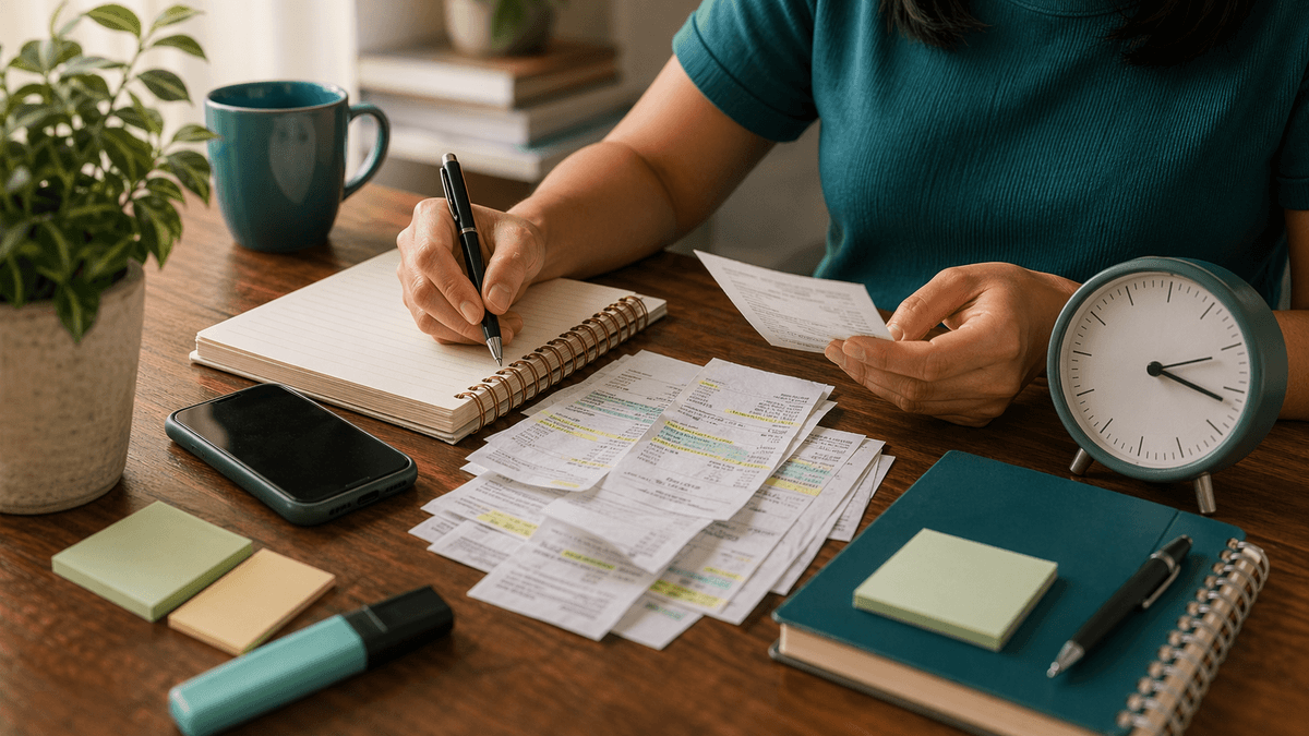 Mesa organizada com relógio, notas e celular, sugerindo revisão mensal rápida e focada.