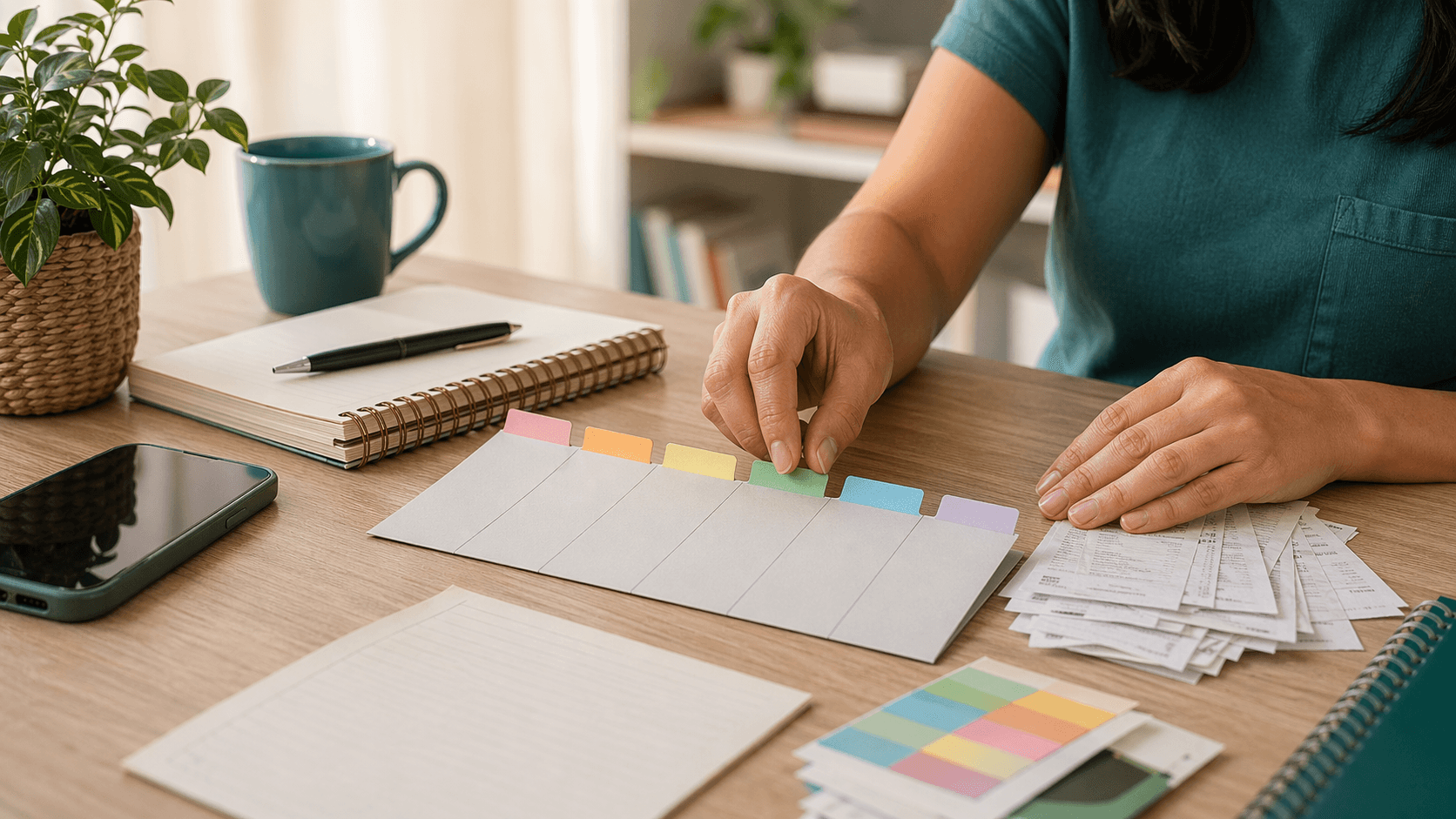 Blocos de papel, celular e marcações simples sobre mesa limpa, sugerindo classificação de gastos sem excesso.