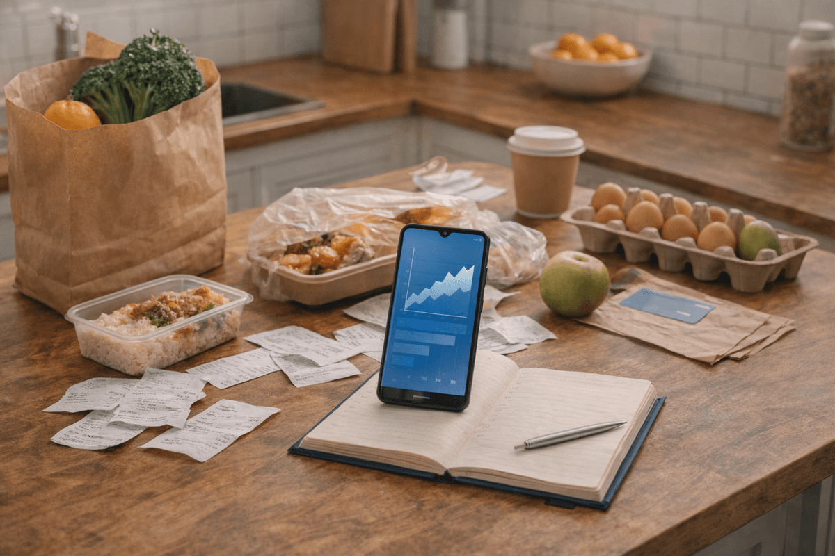 Mesa de cozinha com compras, delivery, recibos e celular com comparação de gastos variáveis.