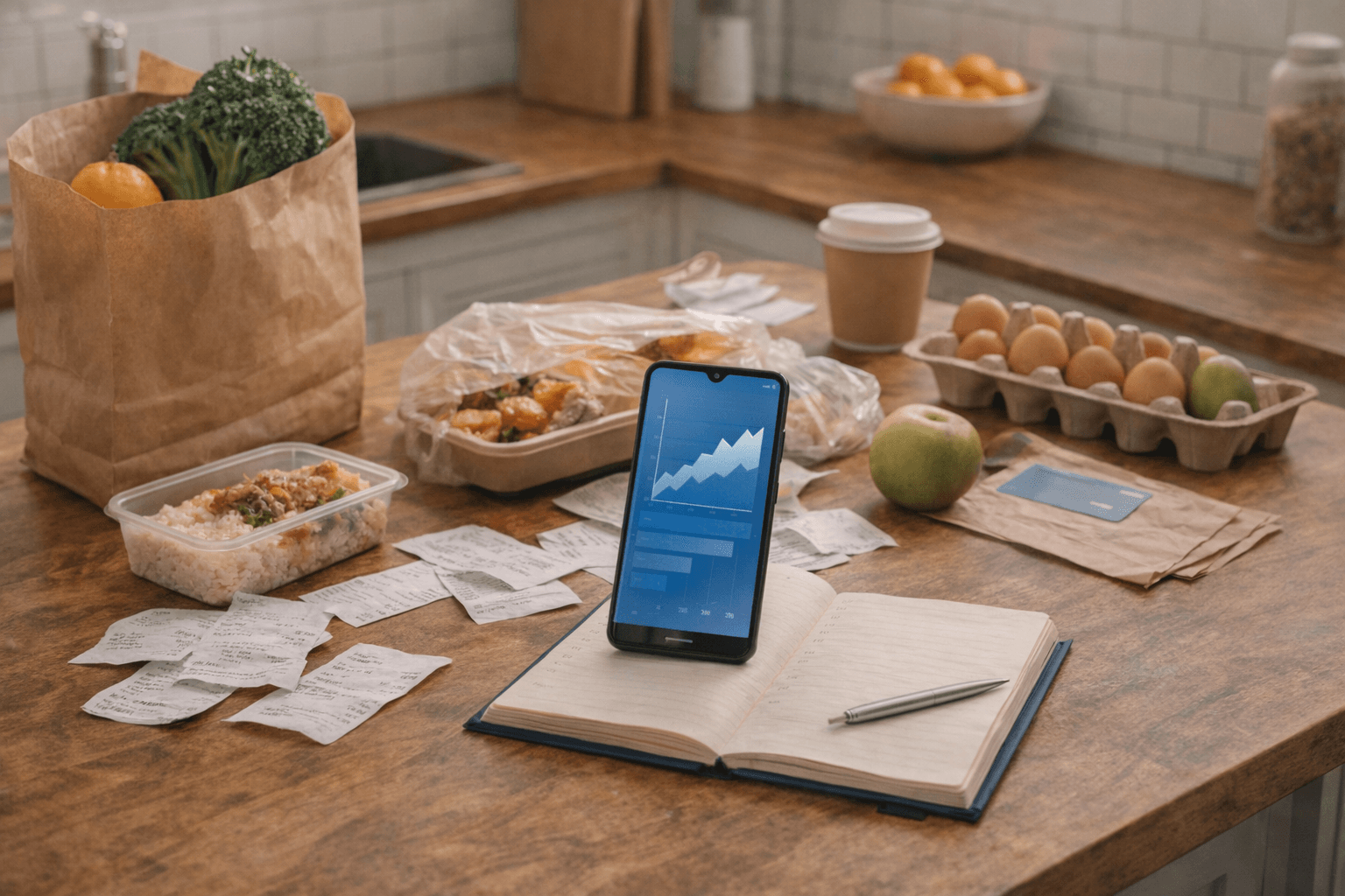 Mesa de cozinha com compras, delivery, recibos e celular com comparação de gastos variáveis.