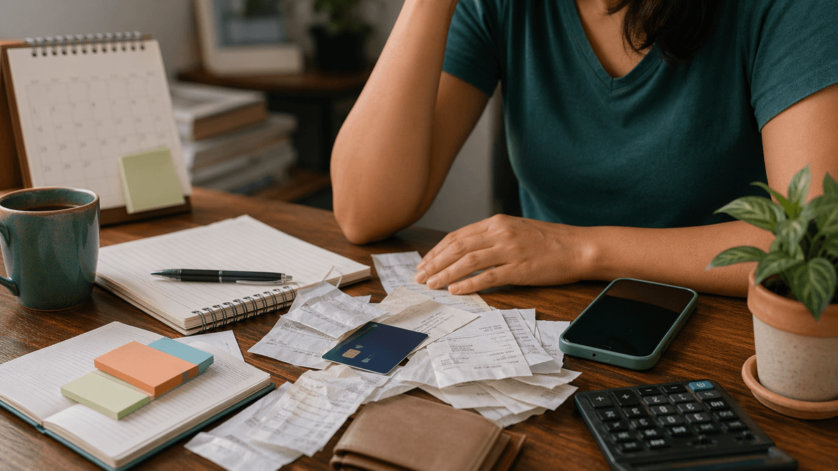 Recibos, cartão e moedas organizados numa composição editorial para representar falhas pequenas acumuladas.