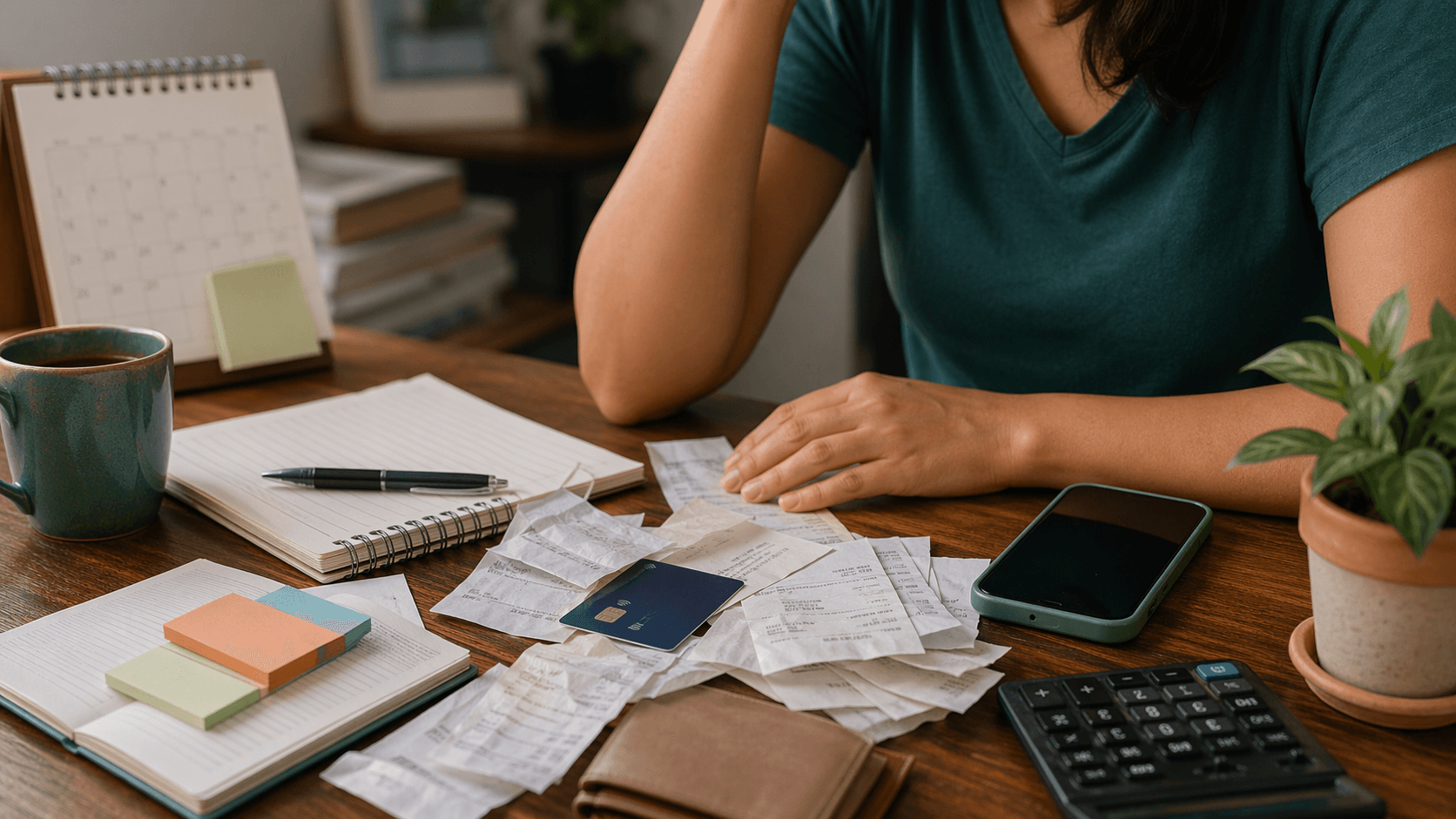 Recibos, cartão e moedas organizados numa composição editorial para representar falhas pequenas acumuladas.