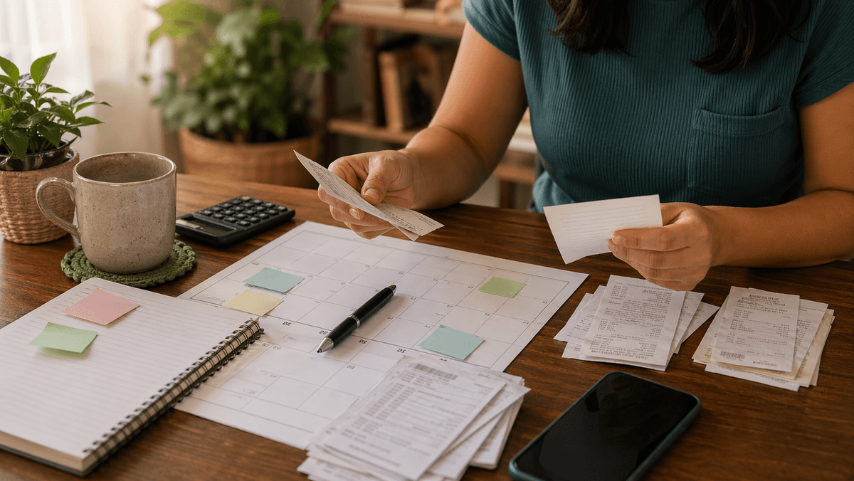 Mesa com calendário, celular e blocos de anotação, sugerindo comparação de padrões e rotina de gastos.