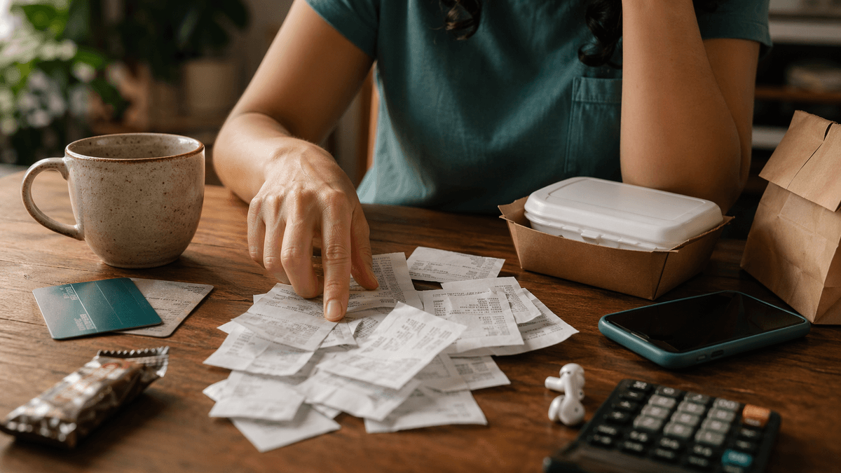 Mesa com pequenos recibos, copo de café e celular, sugerindo despesas miúdas acumuladas ao longo do mês.