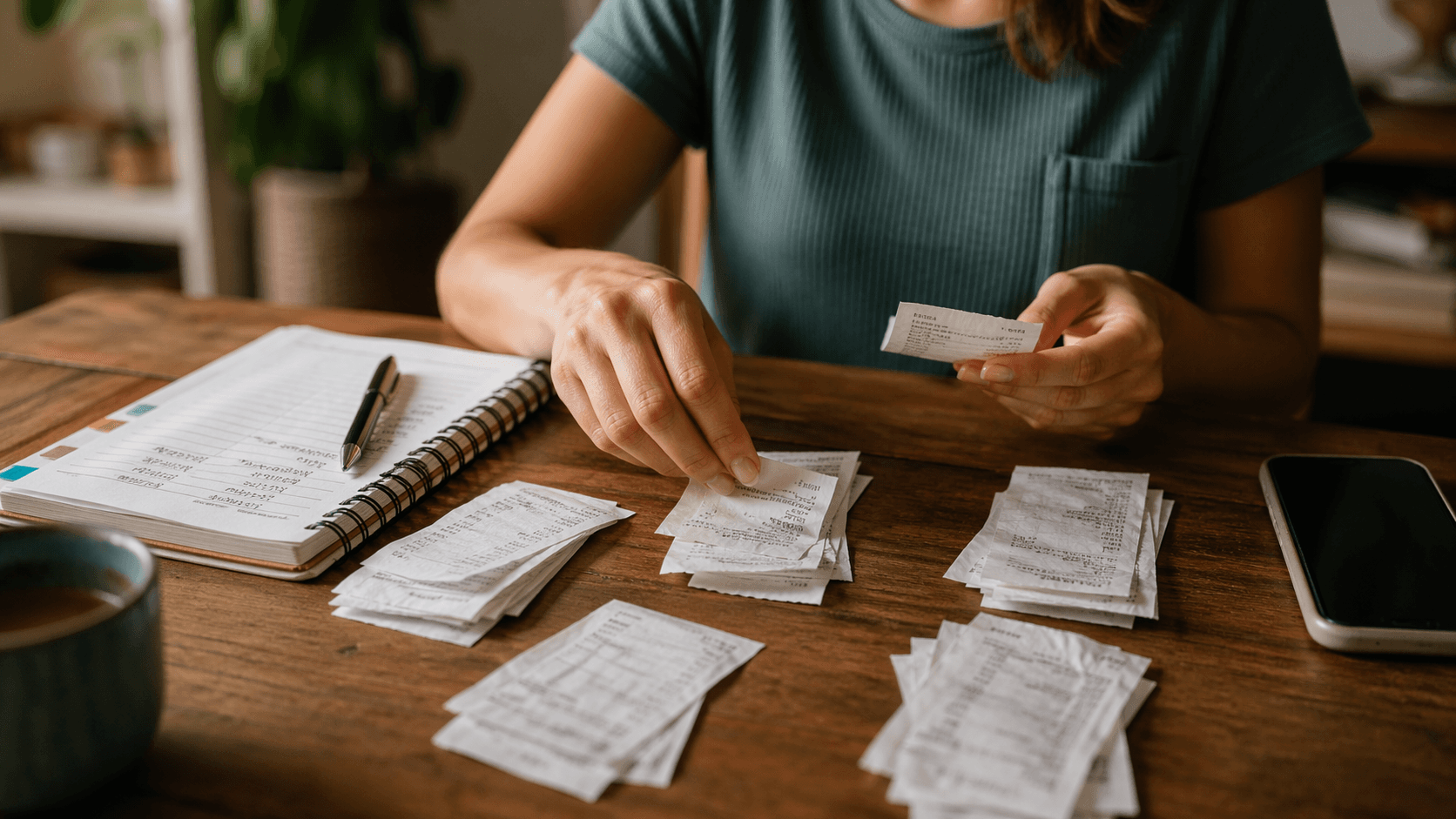 Celular, recibos e pequenos objetos de mesa organizados para sugerir fluxo de gastos e leitura mensal.