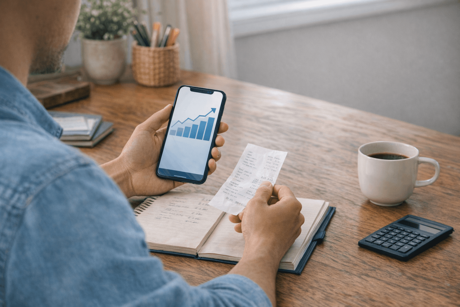 Celular, recibos e anotações sobre mesa clara para representar leitura comparativa do mês.