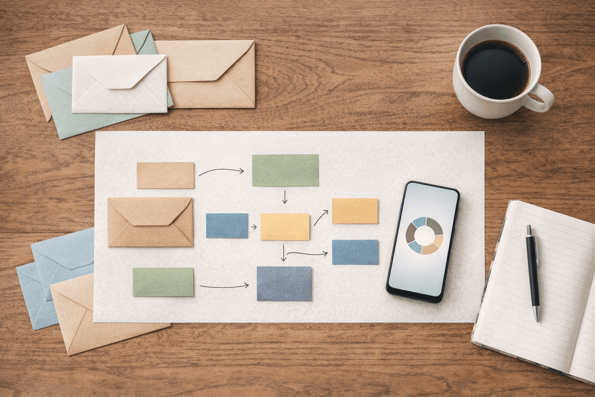 Mesa com recibos e celular sugerindo rastreamento do fluxo financeiro do mês.