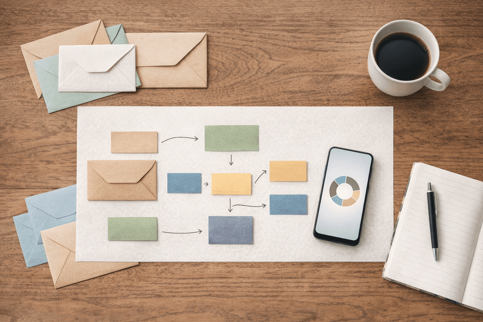 Mesa com recibos e celular sugerindo rastreamento do fluxo financeiro do mês.