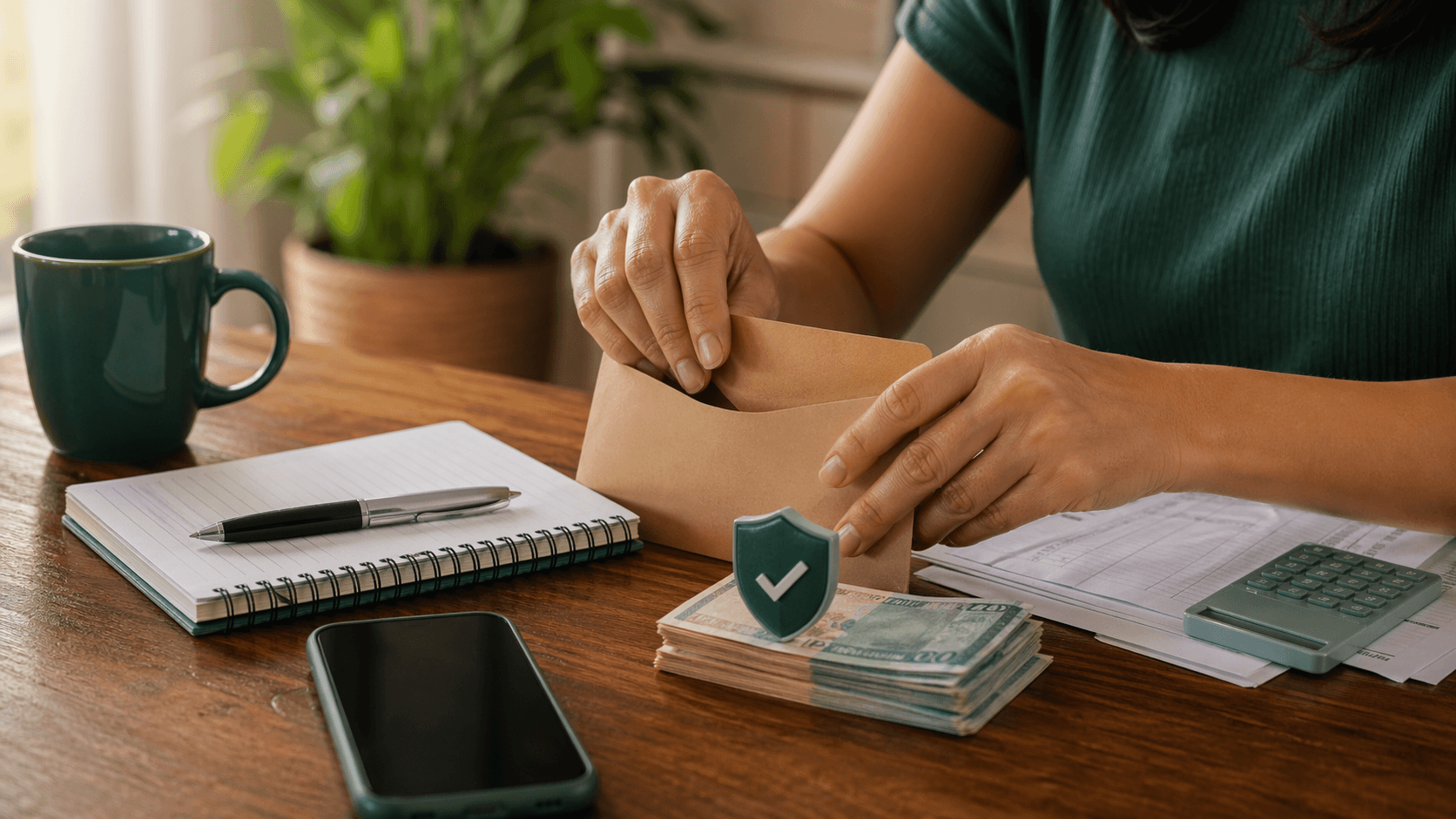 Envelope, caderno e celular em composição limpa e acolhedora, representando reserva e proteção financeira.