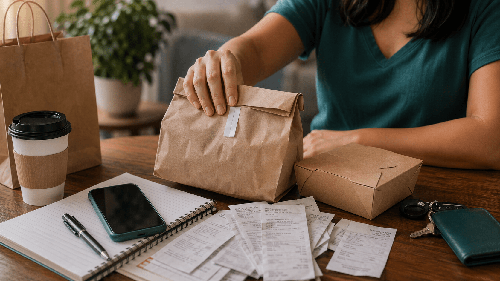 Itens de delivery, recibos e celular organizados de forma editorial para representar custos de conveniência.