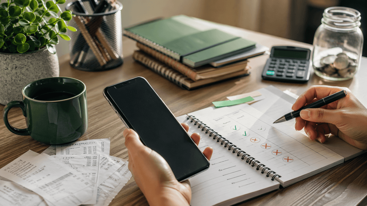 Celular, caderno e itens de escritório em composição premium e confiável para representar escolha de aplicativo financeiro.
