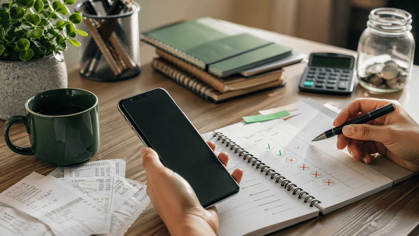Celular, caderno e itens de escritório em composição premium e confiável para representar escolha de aplicativo financeiro.