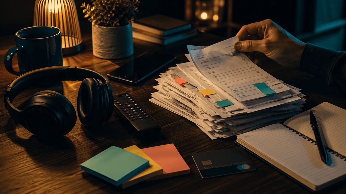 Celular, cartão e recibos organizados de forma editorial para representar cobranças recorrentes e revisão de assinaturas.