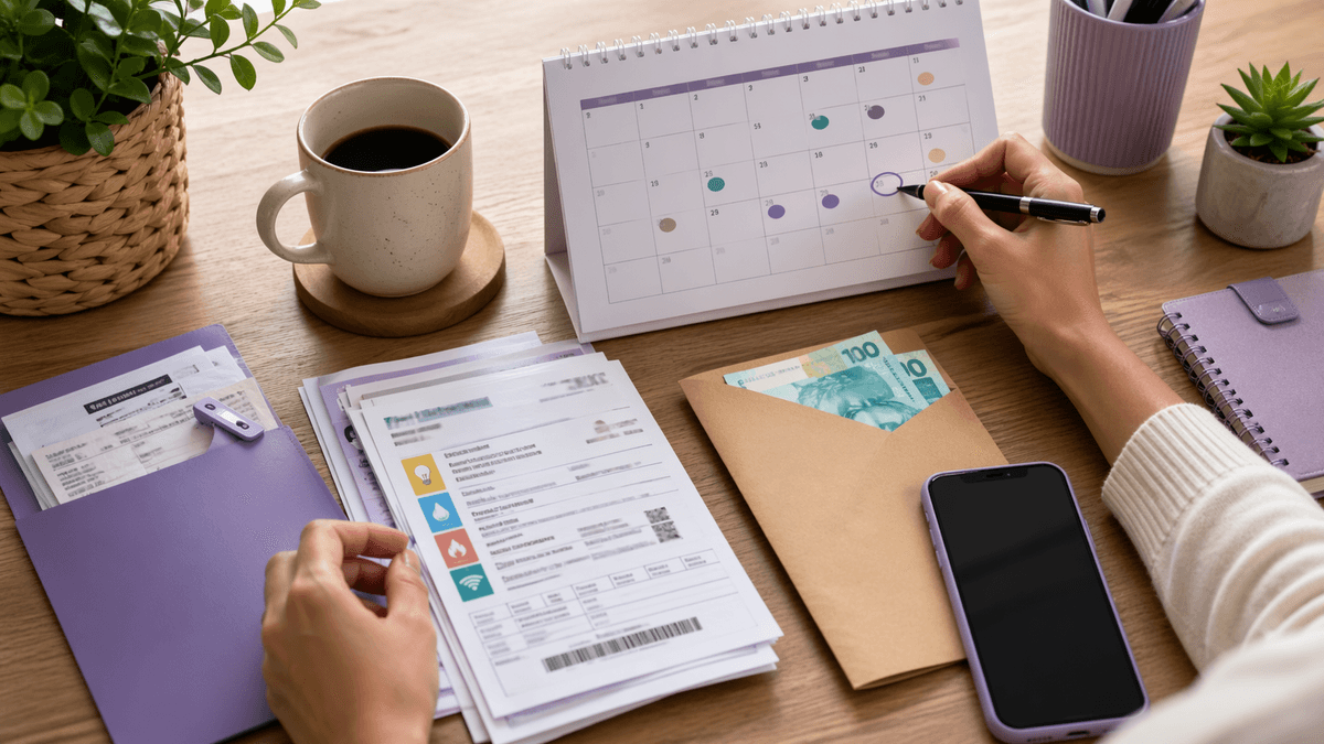 Contas impressas, calendário e celular sobre uma mesa clara para representar vencimentos e organização doméstica.