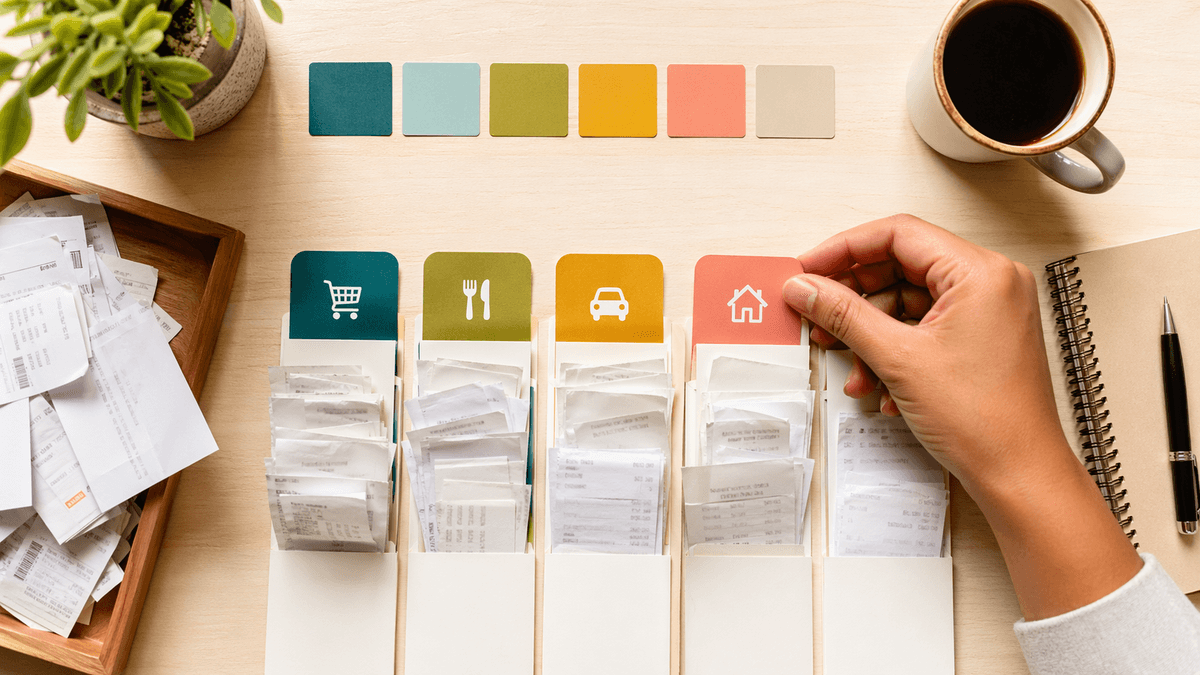 Blocos de papel, celular e marcações simples sobre mesa limpa, sugerindo classificação de gastos sem excesso.