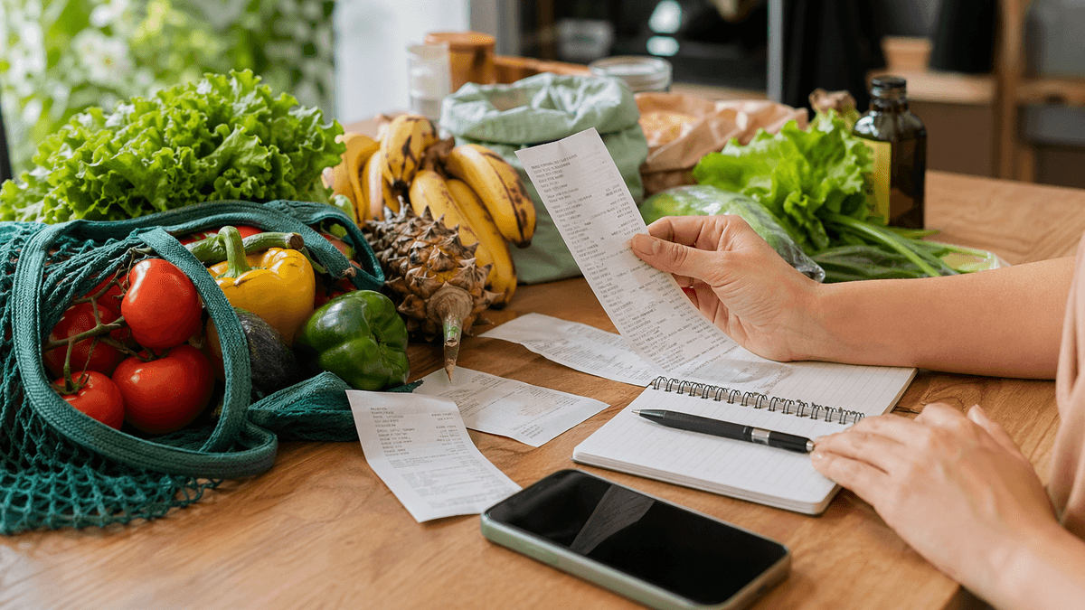 Mesa de cozinha com compras, delivery, recibos e celular com comparação de gastos variáveis.