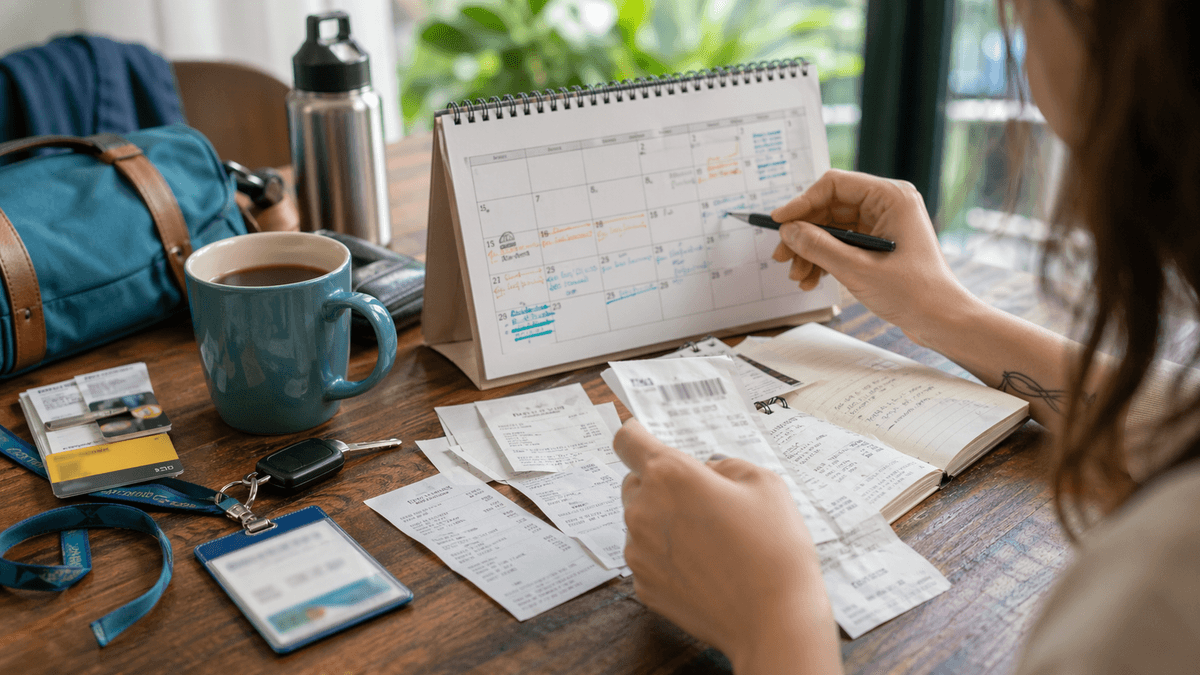 Mesa com calendário, celular e blocos de anotação, sugerindo comparação de padrões e rotina de gastos.