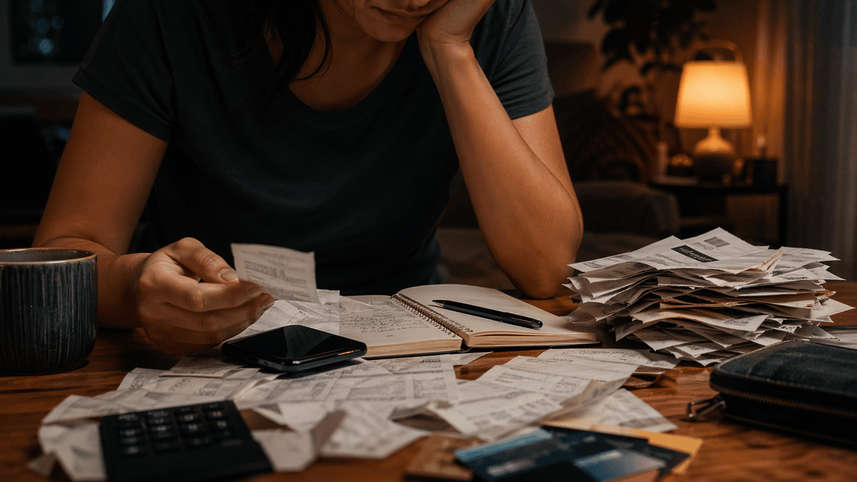 Celular, recibos e anotações sobre mesa clara para representar leitura comparativa do mês.
