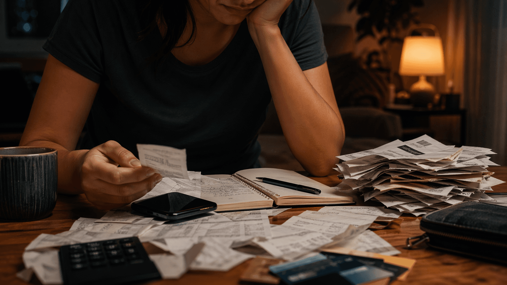 Celular, recibos e anotações sobre mesa clara para representar leitura comparativa do mês.