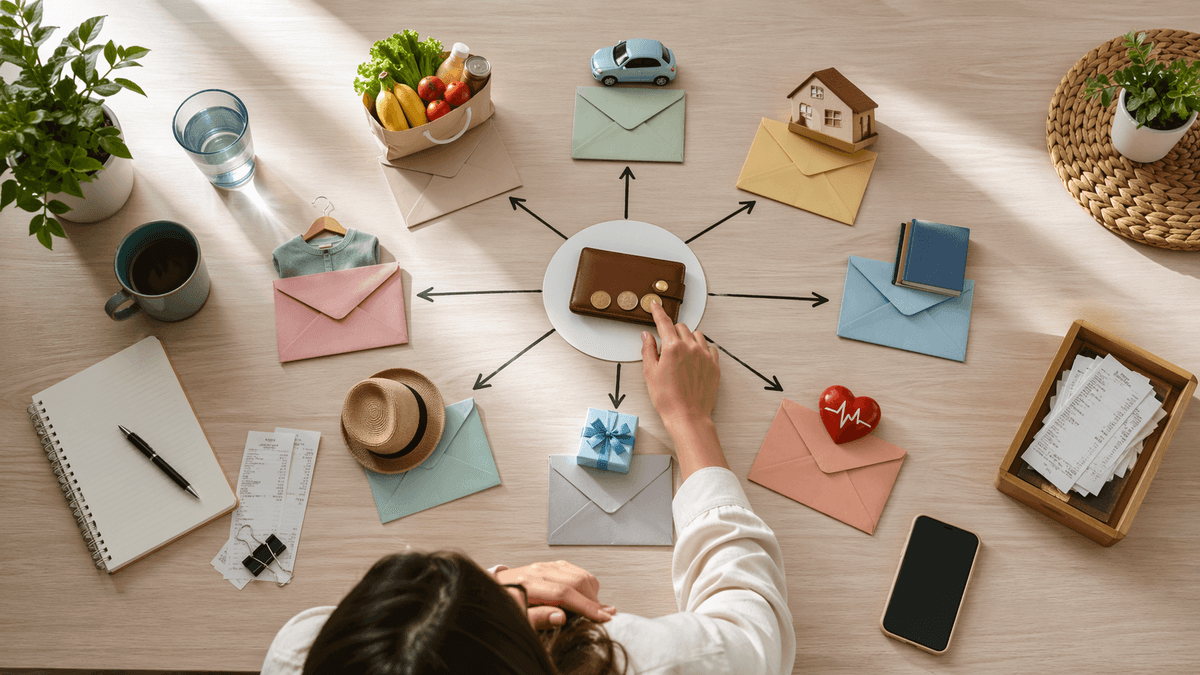 Mesa com recibos e celular sugerindo rastreamento do fluxo financeiro do mês.