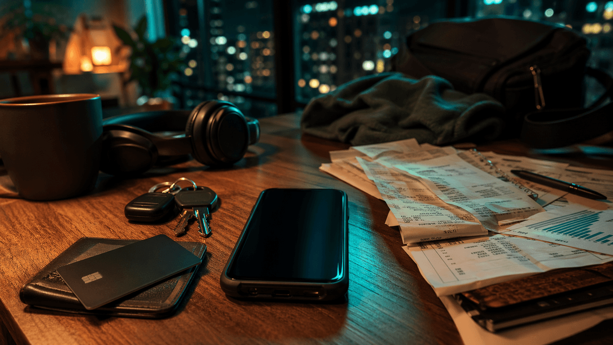 Celular, cartão e notas sugerindo soma de gastos recorrentes com mobilidade e assinaturas.