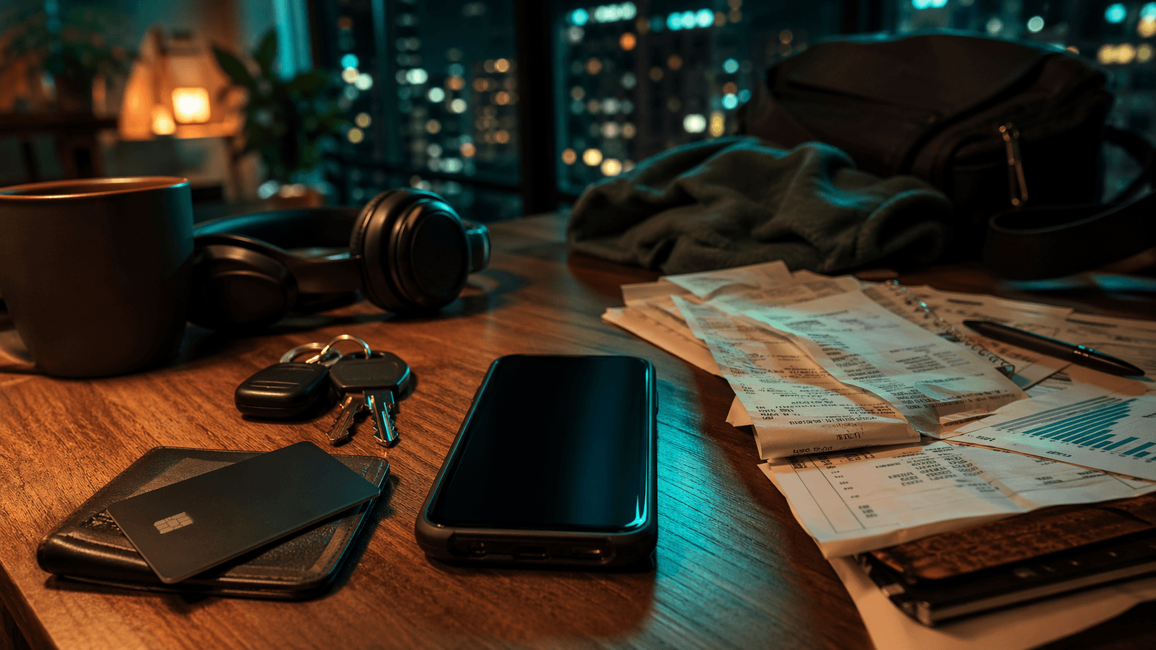 Celular, cartão e notas sugerindo soma de gastos recorrentes com mobilidade e assinaturas.