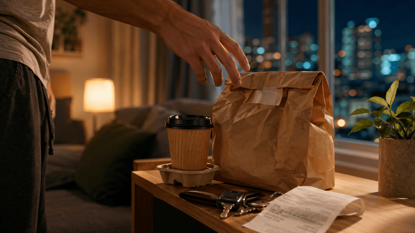 Itens de delivery, recibos e celular organizados de forma editorial para representar custos de conveniência.